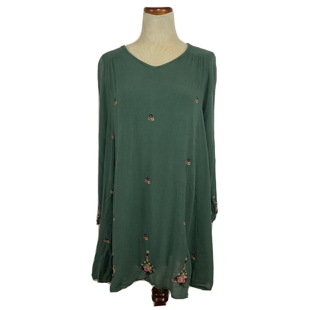 Japna Womens Green Long Sleeve Mini Dress Embroidered‎ Cut Out Back Size Small